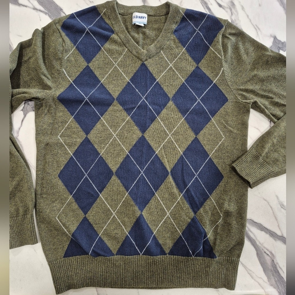 Old Navy Argyle V Neck Cotton Sweater, Mens Small Olive Green &  Blue